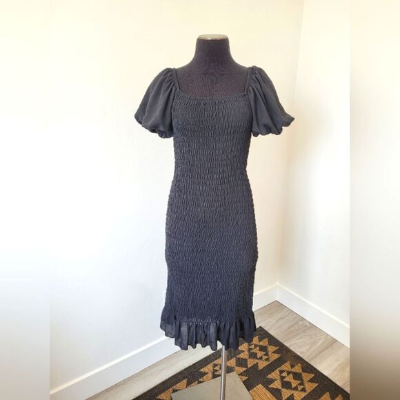 Trixxi Black Smocked Ruched Midi Dress Puff Sleeves Ruffle Vamp Witch Whimsigoth - Picture 1 of 12